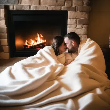 The couple snuggled together under a winceyette blanket, enjoying each other's company by the fireplace.