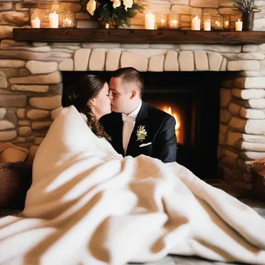 The couple snuggled together under a winceyette blanket, enjoying each other's company by the fireplace.
