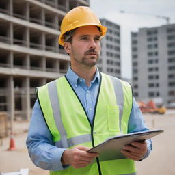 A professional looking man wearing a hard hat, carrying a clipboard and actively overseeing a bustling construction site