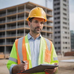 A professional looking man wearing a hard hat, carrying a clipboard and actively overseeing a bustling construction site