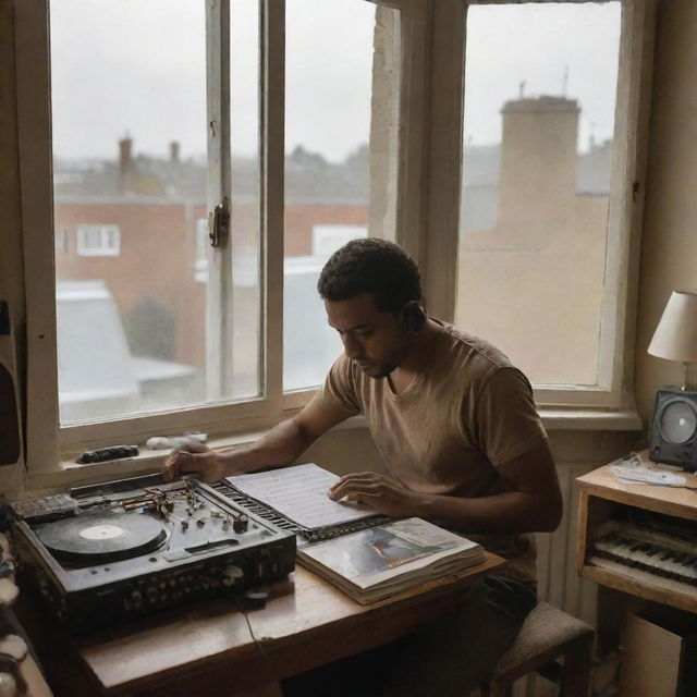 A brown-skinned man engrossed in creating music in his room, with a war scene visible outside his glass window.