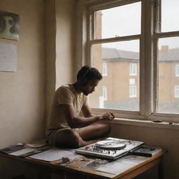 A brown-skinned man engrossed in creating music in his room, with a war scene visible outside his glass window.