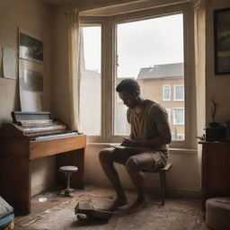 A brown-skinned man engrossed in creating music in his room, with a war scene visible outside his glass window.