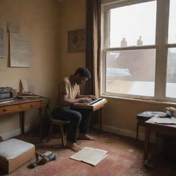 A brown-skinned man engrossed in creating music in his room, with a war scene visible outside his glass window.