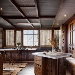 Tribal boho-themed den featuring movable furniture, bar area, reading nook, grey wood-textured tiles, dark grey ceiling, dark brown doors, floor-to-ceiling windows, accented with macrame, wicker, and pampas grass.