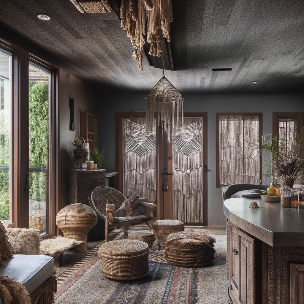 Tribal boho-themed den featuring movable furniture, bar area, reading nook, grey wood-textured tiles, dark grey ceiling, dark brown doors, floor-to-ceiling windows, accented with macrame, wicker, and pampas grass.