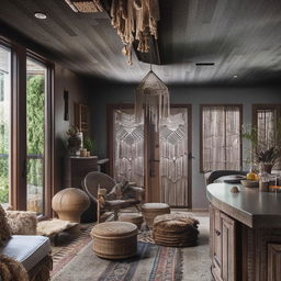 Tribal boho-themed den featuring movable furniture, bar area, reading nook, grey wood-textured tiles, dark grey ceiling, dark brown doors, floor-to-ceiling windows, accented with macrame, wicker, and pampas grass.