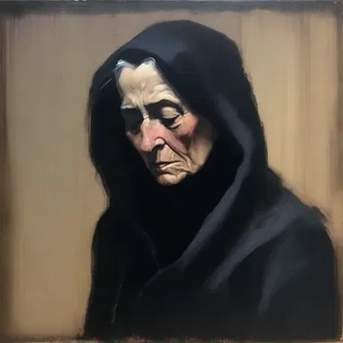 The artist used dark and heavy strokes to create a sorrowful painting of a grieving widow.