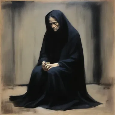 The artist used dark and heavy strokes to create a sorrowful painting of a grieving widow.