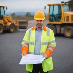 A deputy manager in high visibility clothing, with a blueprint in hand, managing road construction site, amid heavy machinery and workers laying asphalt