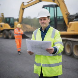 A deputy manager in high visibility clothing, with a blueprint in hand, managing road construction site, amid heavy machinery and workers laying asphalt