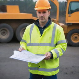 A deputy manager in high visibility clothing, with a blueprint in hand, managing road construction site, amid heavy machinery and workers laying asphalt