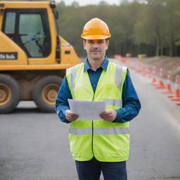 A deputy manager in high visibility clothing, with a blueprint in hand, managing road construction site, amid heavy machinery and workers laying asphalt