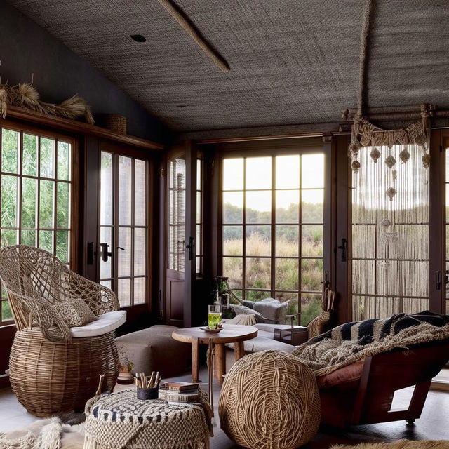 Tribal boho-themed den featuring movable furniture, bar area, reading nook, grey wood-textured tiles, dark grey ceiling, dark brown doors, floor-to-ceiling windows, accented with macrame, wicker, and pampas grass.