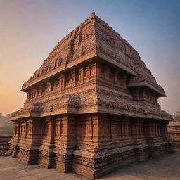 A stunning view of the Ram Mandir, an ancient Hindu temple, during sunrise. The temple, adorned with intricate carvings, sits majestically against a background of a softly lit sky.