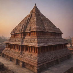 A stunning view of the Ram Mandir, an ancient Hindu temple, during sunrise. The temple, adorned with intricate carvings, sits majestically against a background of a softly lit sky.