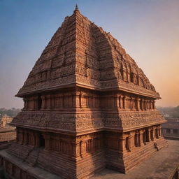 A stunning view of the Ram Mandir, an ancient Hindu temple, during sunrise. The temple, adorned with intricate carvings, sits majestically against a background of a softly lit sky.