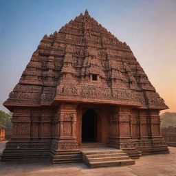 A stunning view of the Ram Mandir, an ancient Hindu temple, during sunrise. The temple, adorned with intricate carvings, sits majestically against a background of a softly lit sky.