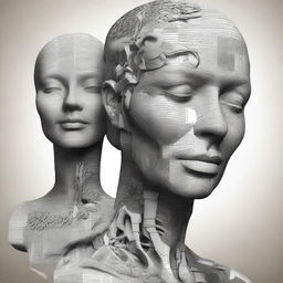 A high-quality digital art piece that combines a portrait of a man and a sculpture of a woman