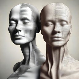 A high-quality digital art piece that combines a portrait of a man and a sculpture of a woman