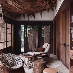 Tribal boho-themed den featuring movable furniture, bar area, reading nook, grey wood-textured tiles, dark grey ceiling, dark brown doors, floor-to-ceiling windows, accented with macrame, wicker, and pampas grass.