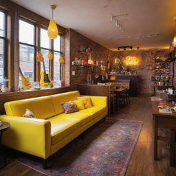 A spacious Quentin Tarantino-inspired coffee shop featuring neon signs, comfortable sofas, wall-mounted electric guitars, and a yellow theme. Enriched with numerous windows for natural sunlight, pop-culture antiques, easter eggs from famous series, and a well-stocked bookshelf.