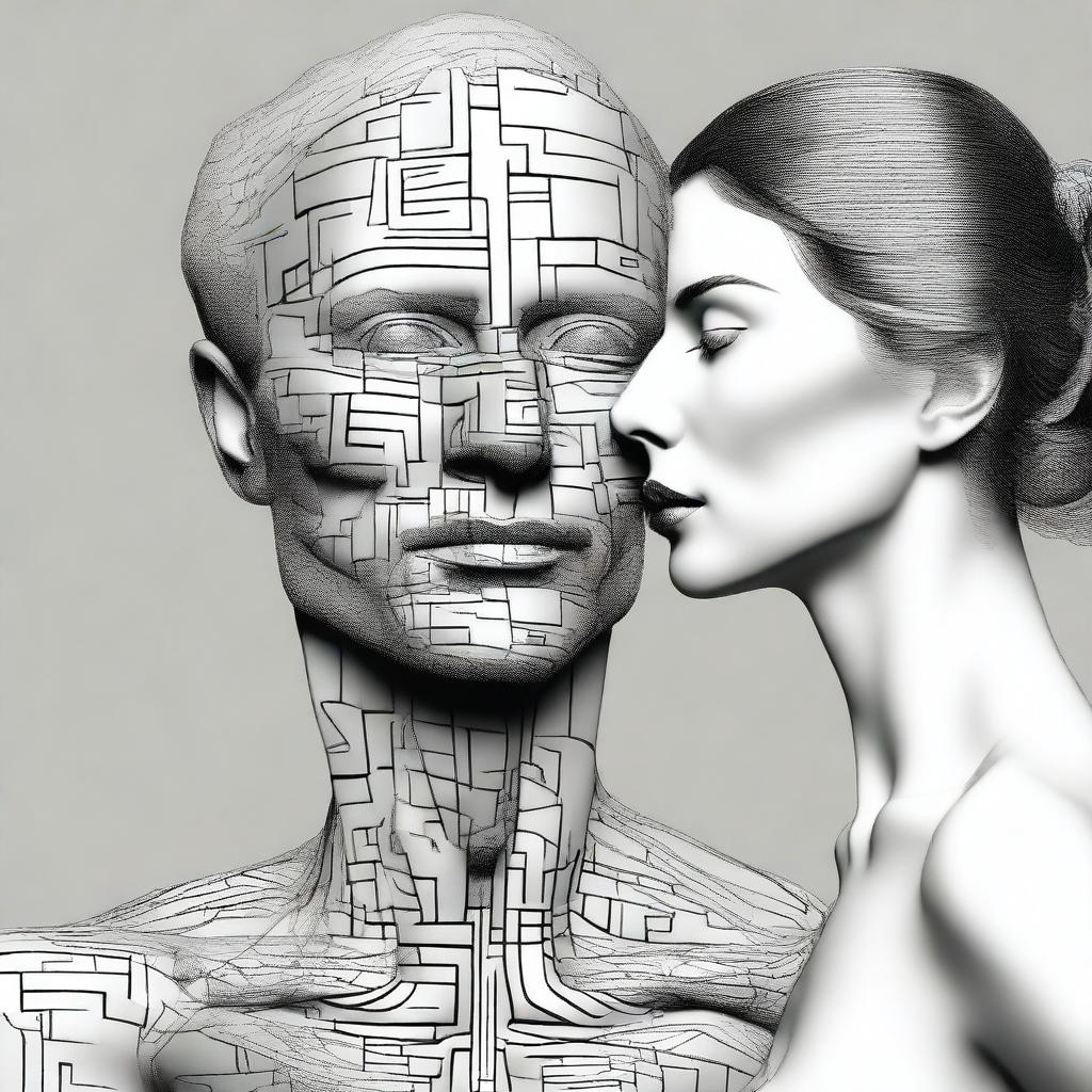 A digital art piece of the highest quality, skillfully merging a drawn portrait of a man with a sculpture of a woman