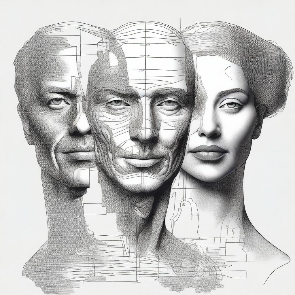 A digital art piece of the highest quality, skillfully merging a drawn portrait of a man with a sculpture of a woman