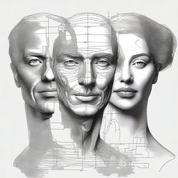 A digital art piece of the highest quality, skillfully merging a drawn portrait of a man with a sculpture of a woman