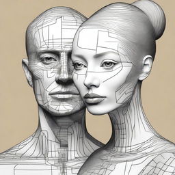 A digital art piece of the highest quality, skillfully merging a drawn portrait of a man with a sculpture of a woman