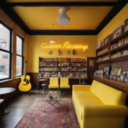 A spacious Quentin Tarantino-inspired coffee shop featuring neon signs, comfortable sofas, wall-mounted electric guitars, and a yellow theme. Enriched with numerous windows for natural sunlight, pop-culture antiques, easter eggs from famous series, and a well-stocked bookshelf.