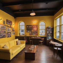 A spacious Quentin Tarantino-inspired coffee shop featuring neon signs, comfortable sofas, wall-mounted electric guitars, and a yellow theme. Enriched with numerous windows for natural sunlight, pop-culture antiques, easter eggs from famous series, and a well-stocked bookshelf.