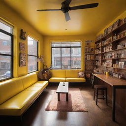 A spacious Quentin Tarantino-inspired coffee shop featuring neon signs, comfortable sofas, wall-mounted electric guitars, and a yellow theme. Enriched with numerous windows for natural sunlight, pop-culture antiques, easter eggs from famous series, and a well-stocked bookshelf.