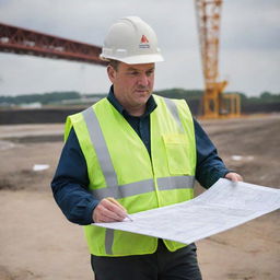 A deputy manager in safety gear, examining bridge blueprints, overseeing bridge construction with large cranes and crew members in the background