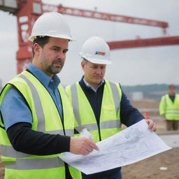 A deputy manager in safety gear, examining bridge blueprints, overseeing bridge construction with large cranes and crew members in the background