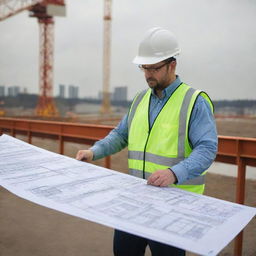 A deputy manager in safety gear, examining bridge blueprints, overseeing bridge construction with large cranes and crew members in the background