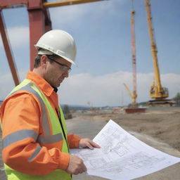 A deputy manager in safety gear, examining bridge blueprints, overseeing bridge construction with large cranes and crew members in the background