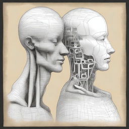 A high-quality digital art image showcasing a drawn portrait of a man and a sculpture of a woman