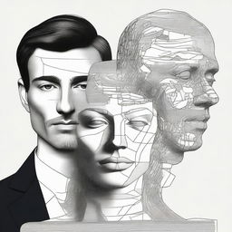 A high-quality digital art image showcasing a drawn portrait of a man and a sculpture of a woman