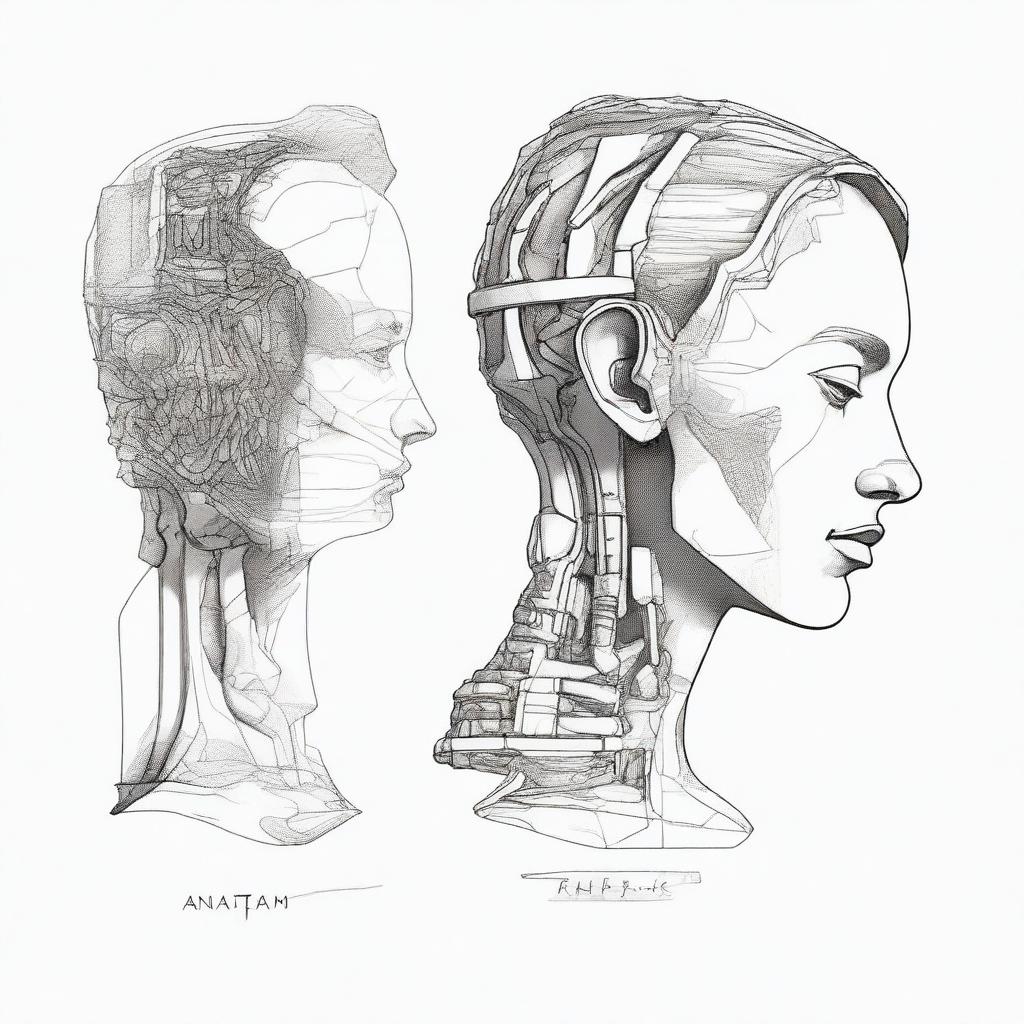 A high-quality digital art image showcasing a drawn portrait of a man and a sculpture of a woman