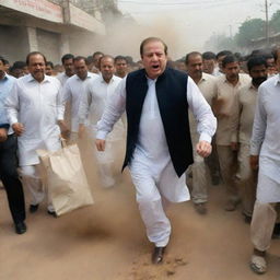 Nawaz Sharif running fearfully with a bag of money, chased by a crowd wielding sticks and stones. The scene is characterized by dust rising from his rapid pace.