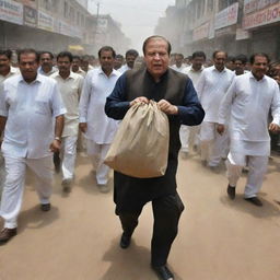 Nawaz Sharif running fearfully with a bag of money, chased by a crowd wielding sticks and stones. The scene is characterized by dust rising from his rapid pace.