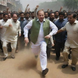 Nawaz Sharif running fearfully with a bag of money, chased by a crowd wielding sticks and stones. The scene is characterized by dust rising from his rapid pace.