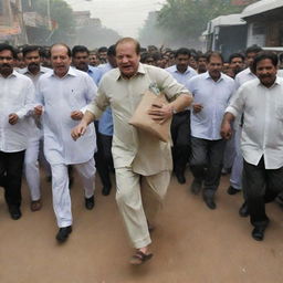 Nawaz Sharif running fearfully with a bag of money, chased by a crowd wielding sticks and stones. The scene is characterized by dust rising from his rapid pace.