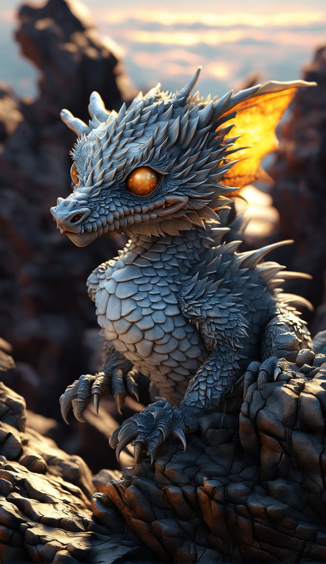 A refined 3D render of a small, grey dragon perched on a rocky outcrop, bathed in the soft glow of the setting sun.