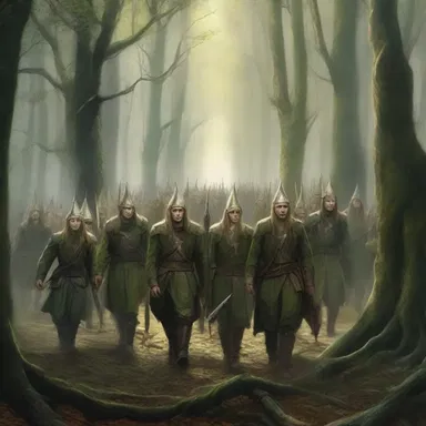 In the fantasy novel, the army of elves marched out of the enchanted forest to confront the enemy.