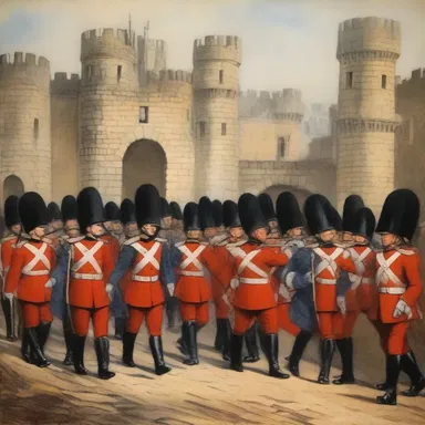 The painting depicted a scene where soldiers in colorful uniforms marched out of the castle gates.
