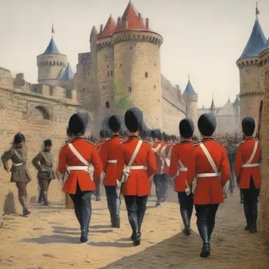 The painting depicted a scene where soldiers in colorful uniforms marched out of the castle gates.
