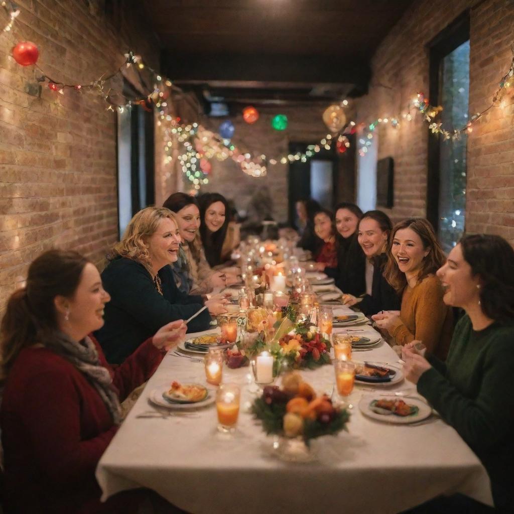 A lively and festive occasion, with colorful decorations, people laughing and celebrating, tables full of food, sparkling lights, and a warm, cheery atmosphere.