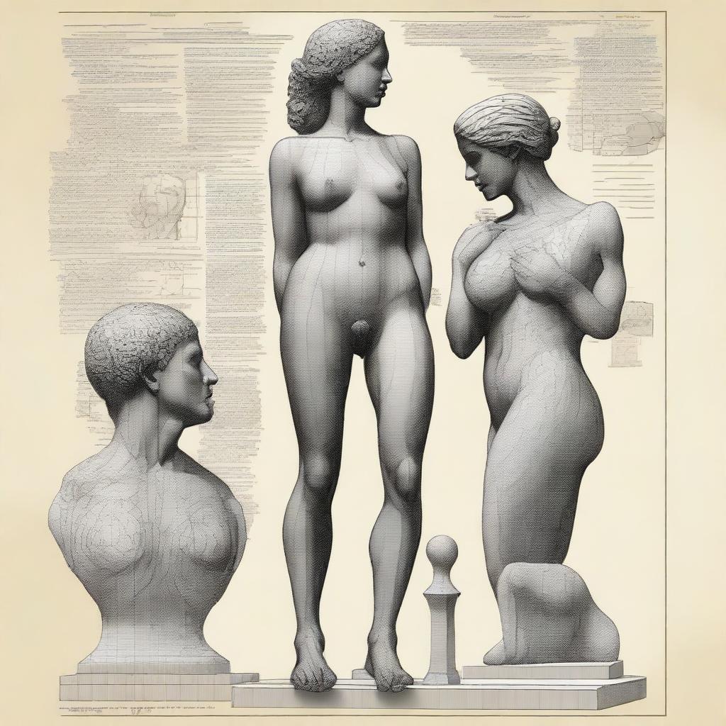 A superior quality digital art image displaying a detailed drawing of a woman and a sculpture of a man